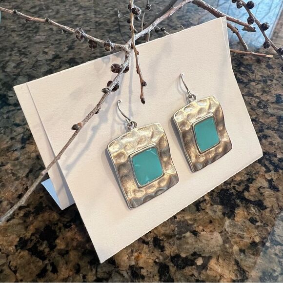 Silver Tone Pierced Earrings with Turquoise Colored Stone - Picture 2 of 10